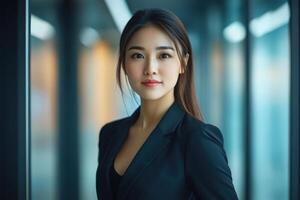 Portrait of Asian businesswoman in modern, dynamic office hallway photo