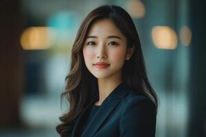 Portrait confident Asian businesswoman showcasing ambition and leadership photo