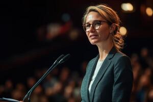Woman leader in business suit presents company strategy at podium photo