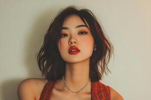 Asian woman in trendy outfit poses confidently against minimalist backdrop photo