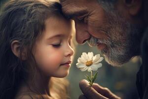 Little girl with flower and father share moment of wonder and joy photo