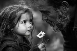 Little girl with flower and father sharing moment of joy in black and white photo
