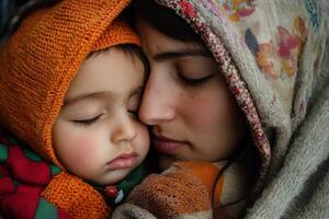 Mother cradles infant under blanket in tender, intimate moment photo