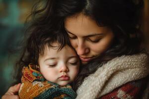 Mother cradles infant under blanket, sharing warmth and vulnerability photo