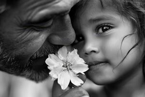 Little girl with flower and father sharing moment of joy in black and white photo