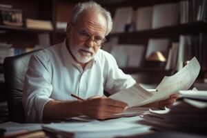Experienced businessman focused on documents in cluttered office photo