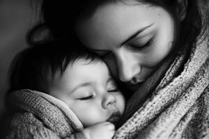Mother cradles infant under blanket in tender, intimate moment, captured in black and white photo