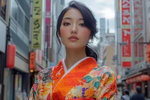 Woman in vibrant kimono showcasing modern twist in urban setting photo