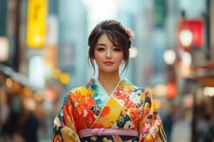 Woman in vibrant kimono showcasing modern twist in urban setting photo