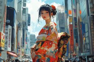 Illustration of woman in vibrant kimono showcasing modern twist in urban setting photo