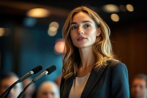 Woman leader in business suit confidently presents new strategy at podium photo
