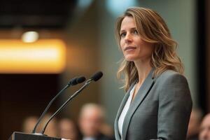 A woman speaking at a podium during a formal event. photo