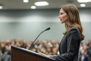 Woman leader in business suit confidently presents new strategy at podium photo