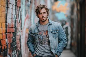 Portrait of young man in graphic tee and denim jacket with graffiti photo