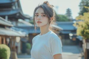 A young woman in a casual white shirt stands in a serene, traditional setting. photo