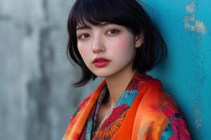 Portrait of a young woman in vibrant silk scarf and loose tunic photo