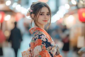 Portrait of a woman in vibrant kimono with modern urban aesthetics photo