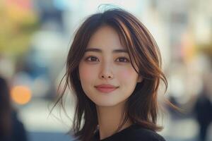 Portrait of Japanese woman with effortless beauty and charming smile photo
