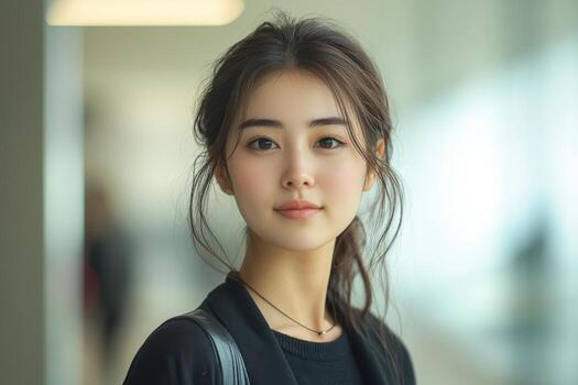 un joven mujer con un suave expresión, en pie en un moderno interior ajuste. foto