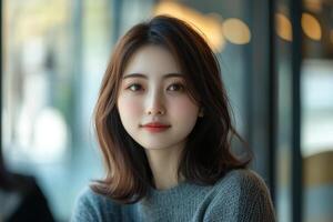 Portrait of Japanese woman with effortless beauty and charming smile photo