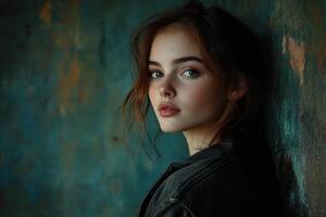 Young woman with air of mystery in modern casual style against vintage backdrop photo