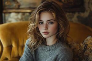 Portrait of young woman with mystery in modern casual style against vintage backdrop photo