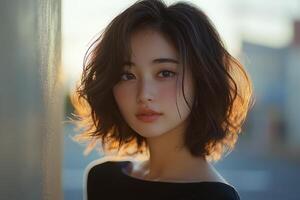 Portrait of Japanese woman showcasing modern casual style photo