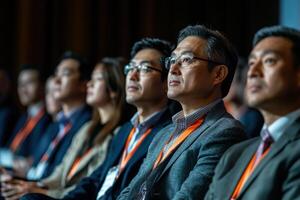Diverse group of Asian professionals attending business conference listening to speaker photo