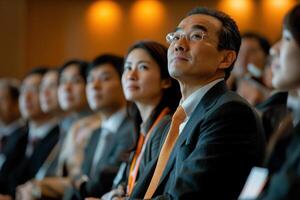 Diverse group of Asian professionals attending business conference listening to speaker photo