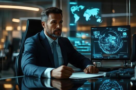 Male leader at sleek desk interacting with holographic display in modern office photo
