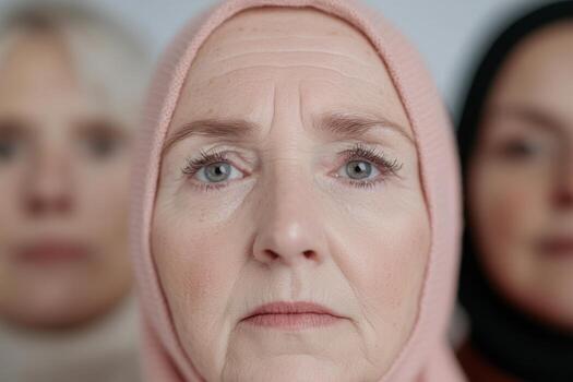 Close-up of a woman in a hijab, with two blurred figures behind her. photo