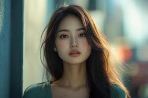 Candid portrait of beautiful Asian woman blending into urban environment photo