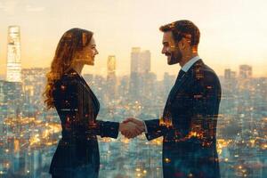 Business partners shaking hands in agreement against cityscape photo