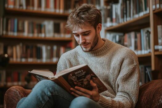 un estudiante leyendo un libro en el biblioteca, perdido en el historia foto