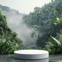 White Circular Podium in a Tropical Rainforest with Fog photo
