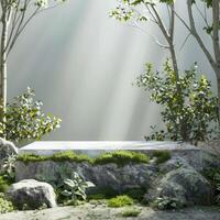 Stone Platform With Moss And Greenery In A Forest Setting photo