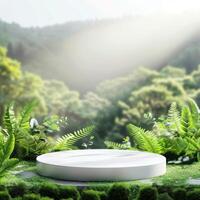 White Circular Podium in a Lush Forest Setting photo