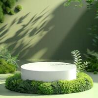 White Cylinder Product Display with Green Moss and Leaf Shadow photo