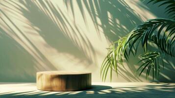 Wooden Platform with Palm Leaves and Shadow Patterns photo