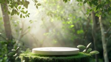 White Platform on Mossy Stump in Sunlit Forest photo