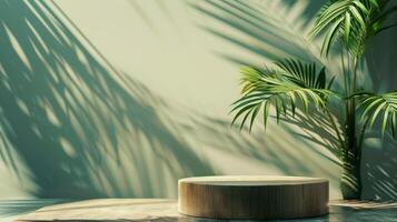 Wooden Platform with Palm Tree and Shadow Patterns photo