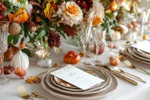 Autumnal Table Setting with Floral Centerpiece and Place Setting photo