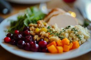 A Plate of Thanksgiving Dinner Sides with Cranberries, Stuffing, Mashed Potatoes, and Sweet Potatoes photo