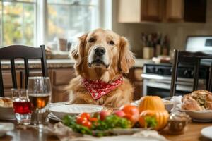 Golden Retriever Dog at a Thanksgiving Dinner Table photo