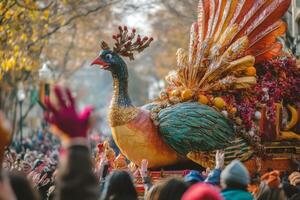 A Festive Peacock Float With Spectators Reaching Out photo
