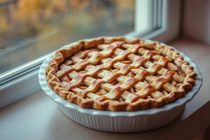 A Delicious Apple Pie with a Lattice Crust in a White Pie Dish photo