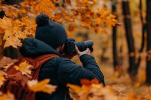 Man in a Forest Taking a Photo with a Camera