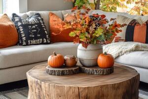 Autumnal Decor on a Rustic Coffee Table with Pumpkins and Fall Leaves photo