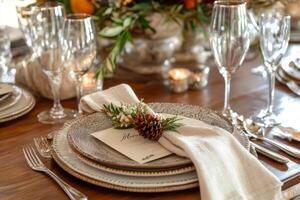 Elegant Table Setting with Pine Cone Napkin Ring and Menu Card photo