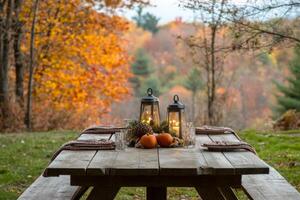 Autumnal Picnic Table Setting with Lanterns and Pumpkins photo